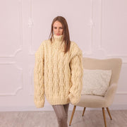 Pull en Laine Col Roulé Crème à Torsades, Tricoté Main 100% Laine Épaisse T2006
