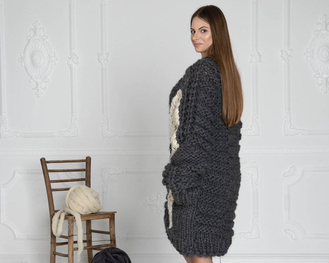 5-Strand Gray Wool Sweater – Hand-Knitted Chunky Cable Pullover T633W