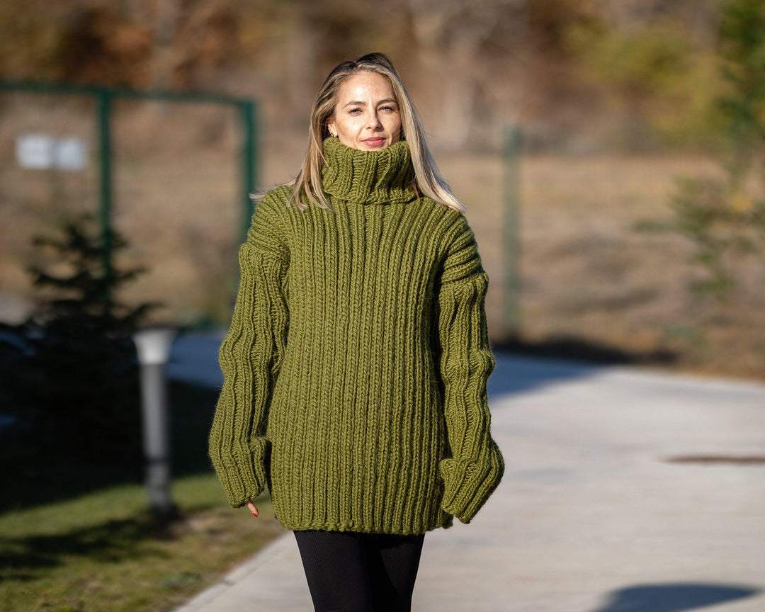 Wool Sweater Green Ribbed Knit, Hand Knitted Chunky Wool Pullover T1301