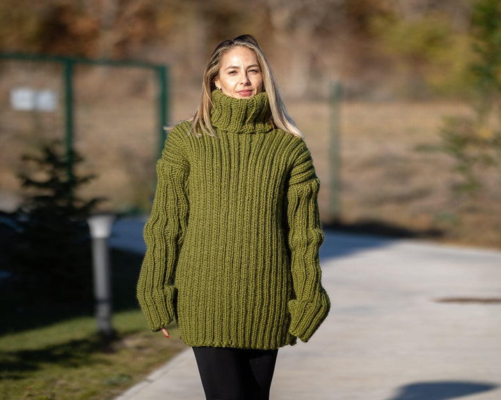 Wool Sweater Green Ribbed Knit, Hand Knitted Chunky Wool Pullover T1301