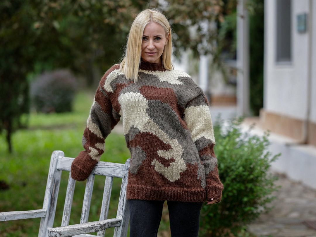 Wool Sweater Camouflage Pattern, Hand Knitted 100% Wool Pullover T1150