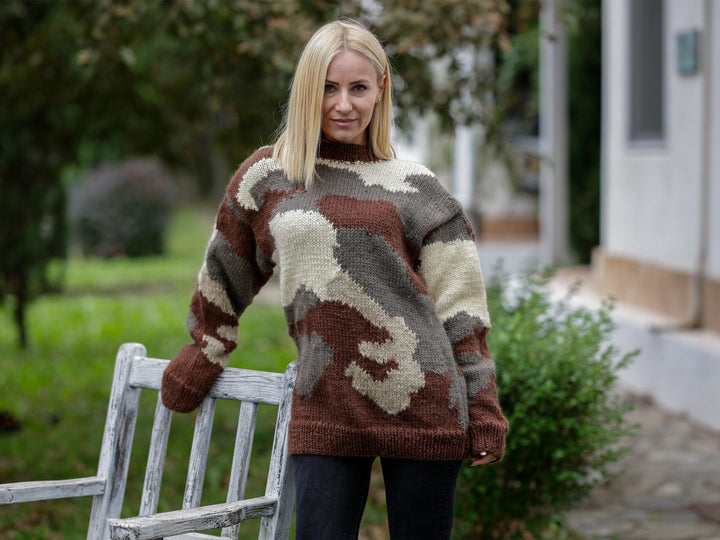Wool Sweater Camouflage Pattern, Hand Knitted 100% Wool Pullover T1150