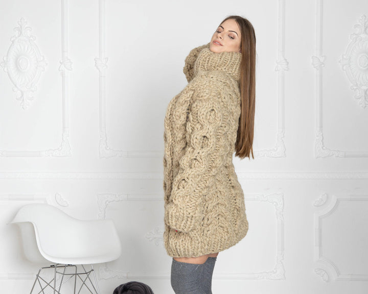 5-Strand Thick Beige Wool Sweater – Hand-Knitted Chunky Cable Pullover T630W
