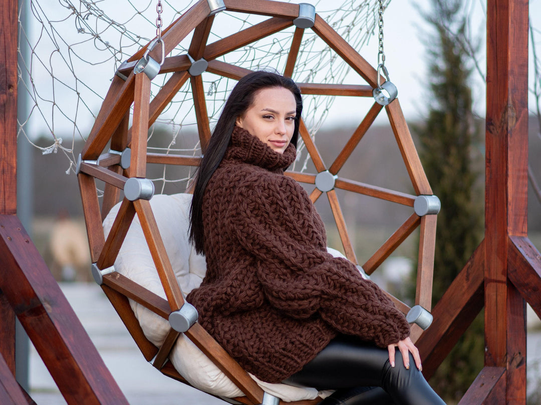 5-Strand English Rib Wool Sweater – Hand-Knitted Cozy Brown Winter Pullover T1193