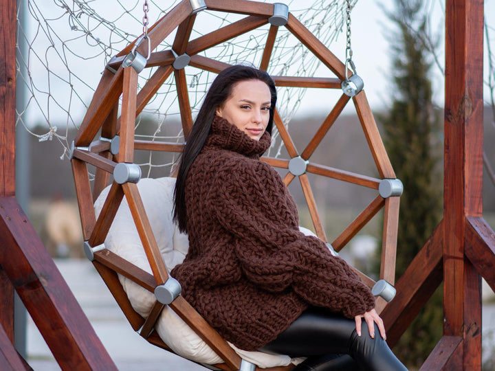 5-Strand English Rib Wool Sweater – Hand-Knitted Cozy Brown Winter Pullover T1193