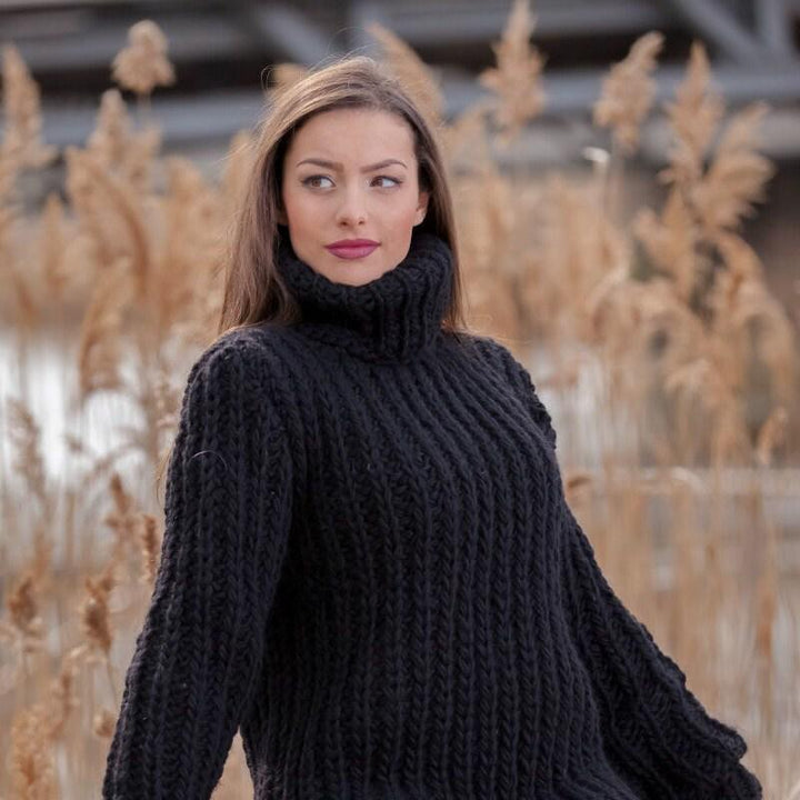 Wool Sweater Black, Hand Knitted 100% Wool Pullover T440