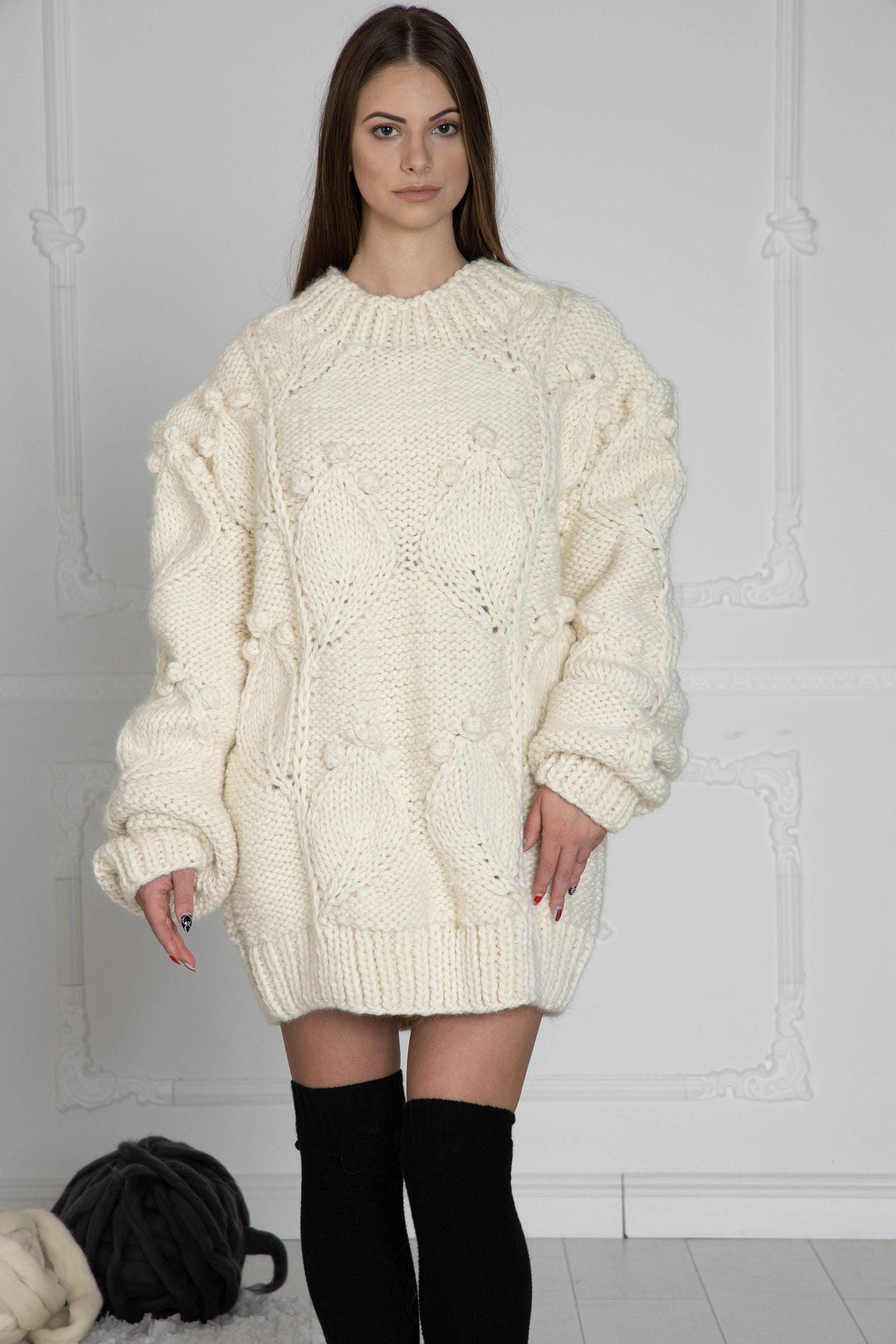 Wool Sweater Cream Cable Knit Turtleneck, Hand Knitted Chunky Wool Pullover T632W
