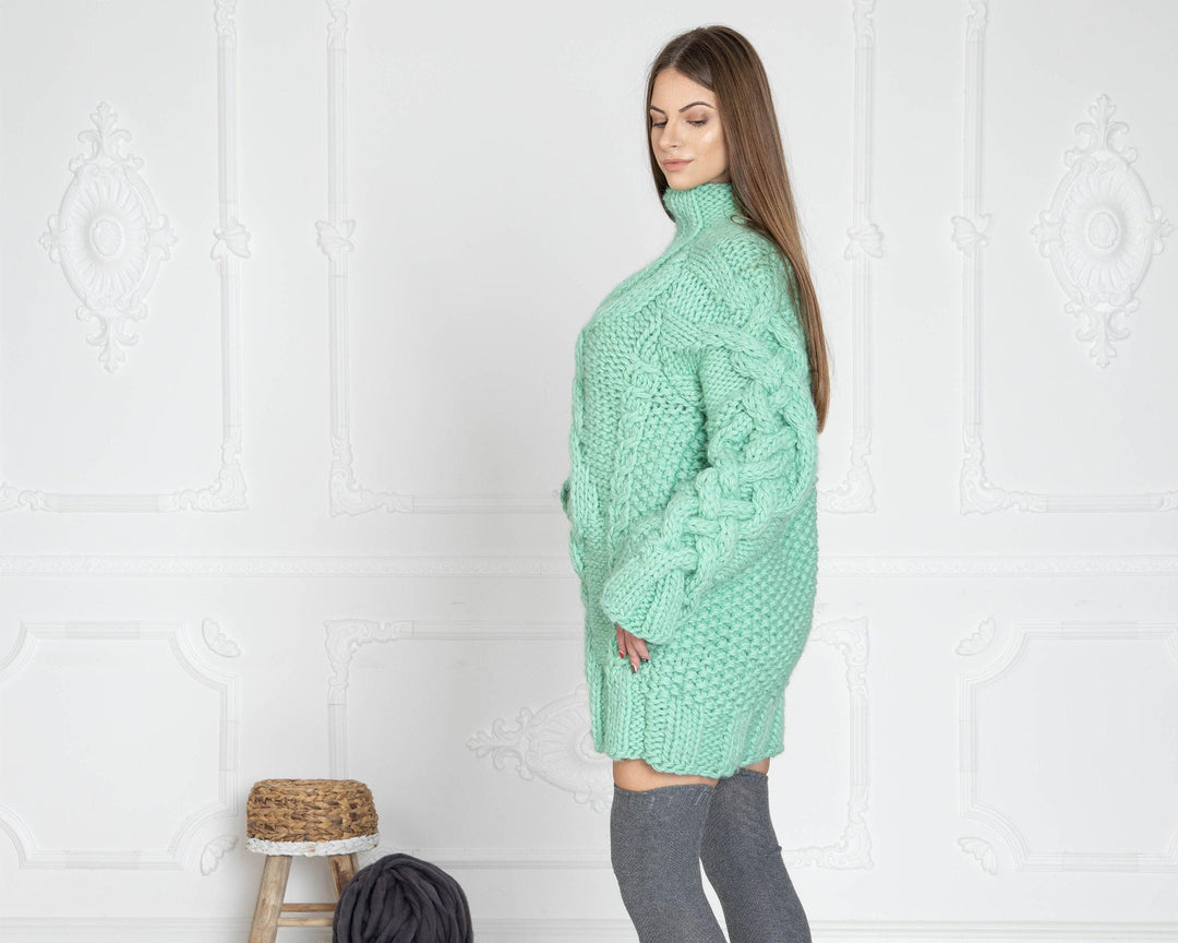 Mint Wool Cable Knit Sweater, Hand Knitted Chunky Jumper, Soft 100% Wool Pullover T626W