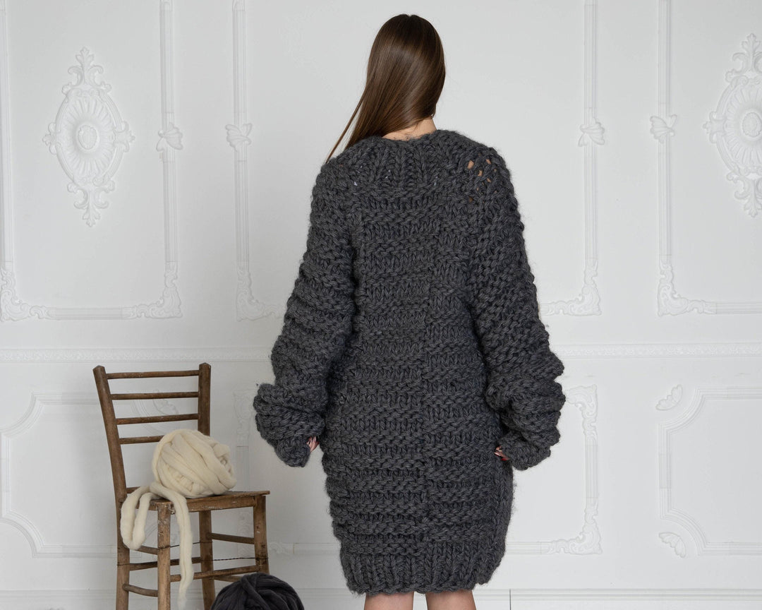 5-Strand Gray Wool Sweater – Hand-Knitted Chunky Cable Pullover T633W