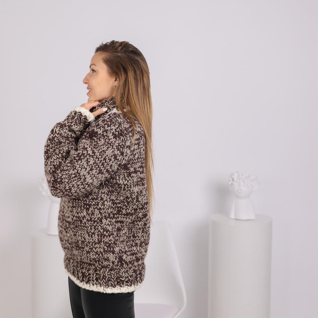 Wool Sweater Melange Turtleneck, Hand Knitted 100% Wool Chunky Pullover T1784