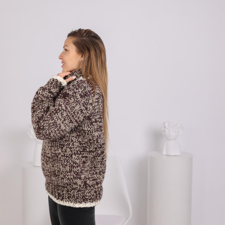 Wool Sweater Melange Turtleneck, Hand Knitted 100% Wool Chunky Pullover T1784