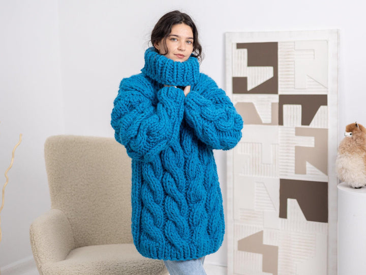 5-Strand Thick Blue Wool Sweater – Huge Chunky Knit Woolen Pullover T1666