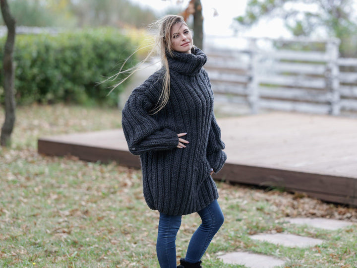 Ribbed Wool Sweater – Thick Hand-Knitted 100% Soft Wool Jumper T1102