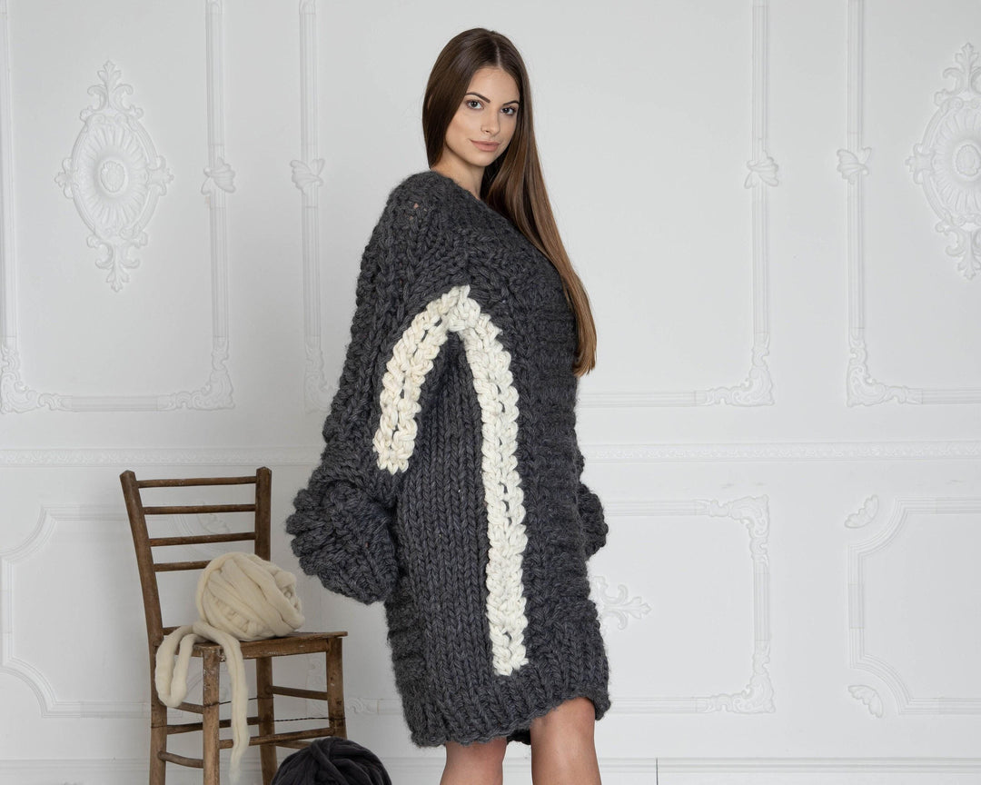 5-Strand Gray Wool Sweater – Hand-Knitted Chunky Cable Pullover T633W