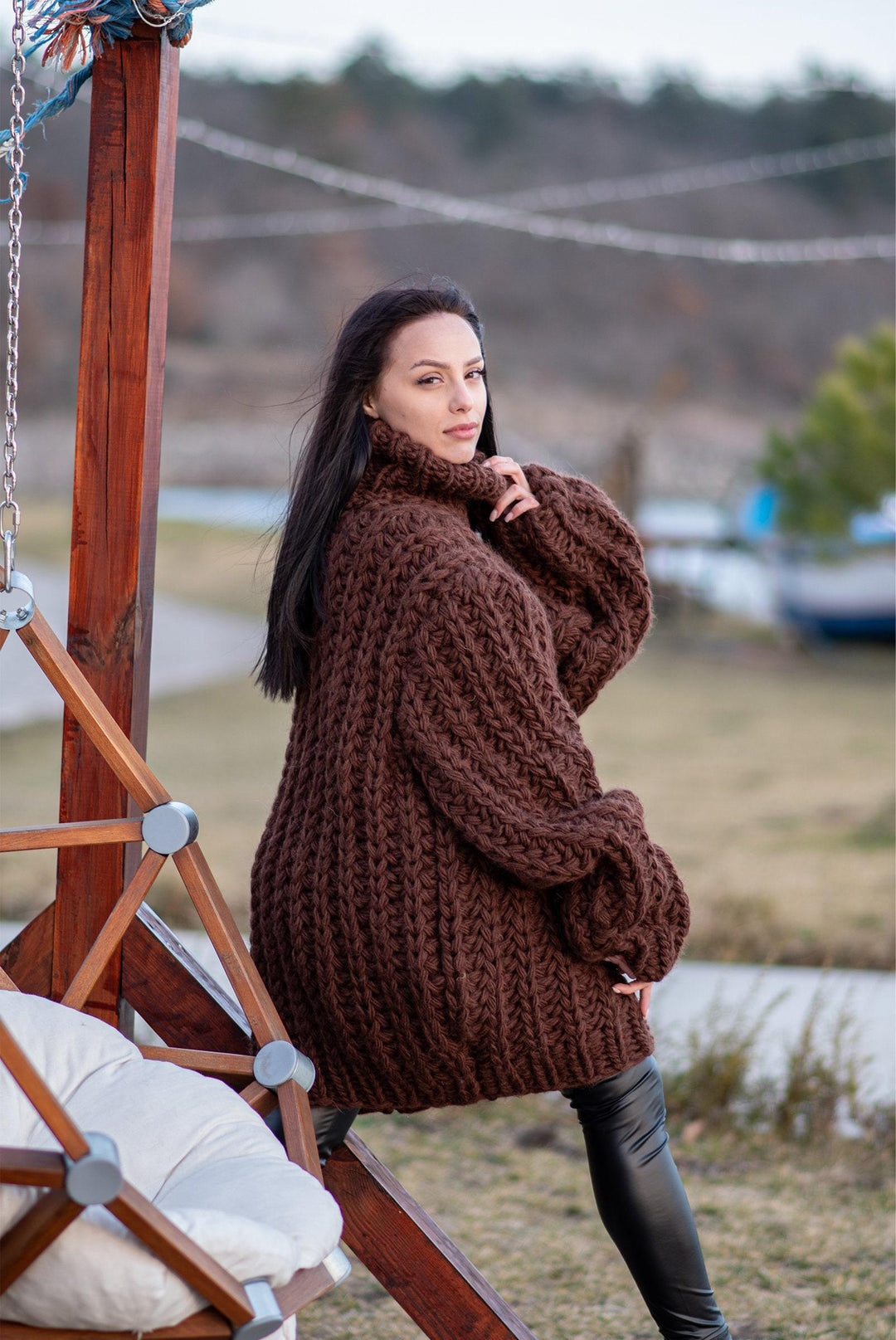 5-Strand English Rib Wool Sweater – Hand-Knitted Cozy Brown Winter Pullover T1193