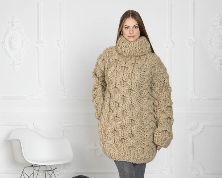 5-Strand Thick Beige Wool Sweater – Hand-Knitted Chunky Cable Pullover T630W