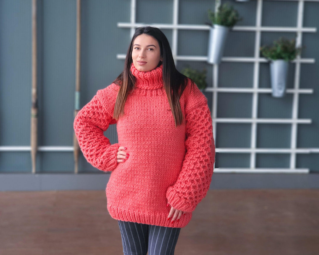 Salmon Pink Wool Sweater, Hand Knitted Honeycomb Jumper, Chunky 100% Wool Pullover T937
