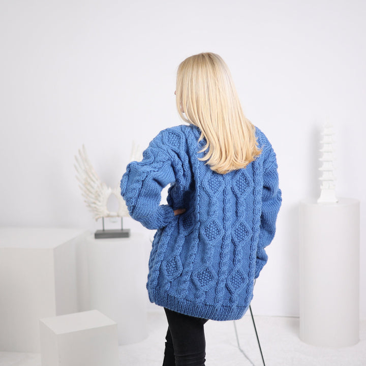 Blue Cable Knit Sweater, Hand Knitted 100% Wool Jumper, Chunky Winter Pullover T1630
