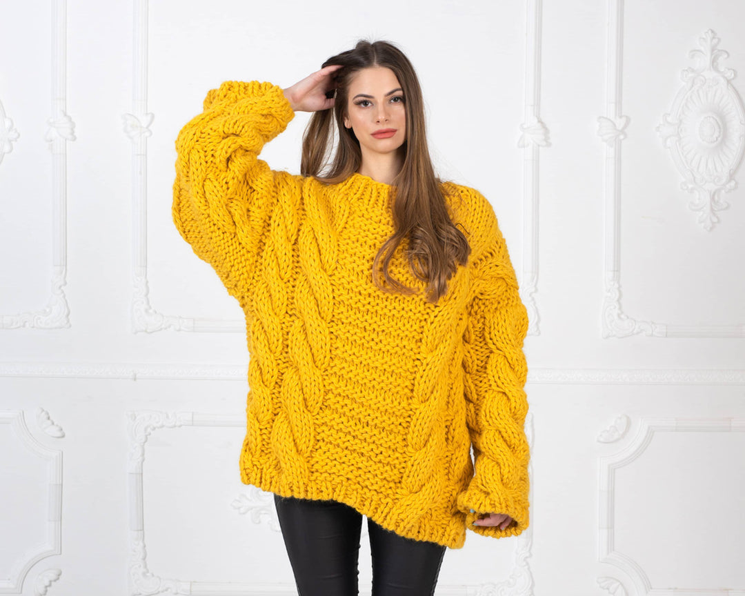 Yellow Cable Knit Wool Sweater – Hand-Knitted 100% Wool Pullover T961