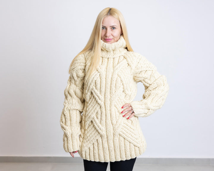 Wool Sweater Cable Knit, Hand Knitted 100% Wool Chunky Pullover T1518