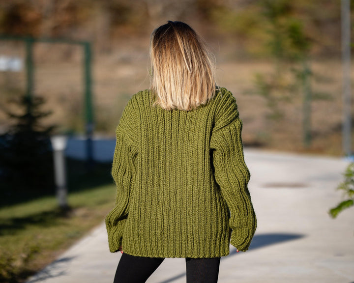Wool Sweater Green Ribbed Knit, Hand Knitted Chunky Wool Pullover T1301
