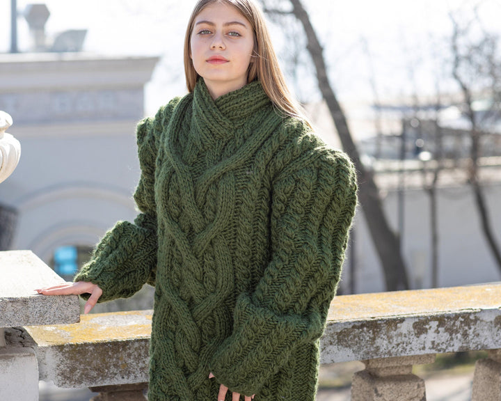Green Cable Knit Sweater, Hand Knitted 100% Wool Jumper, V-Neck Chunky Pullover T1028