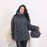 Gray 5-Strand Wool Cable Knit Turtleneck T1621