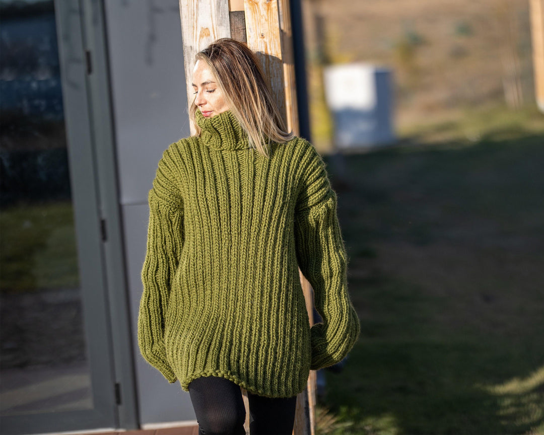 Wool Sweater Green Ribbed Knit, Hand Knitted Chunky Wool Pullover T1301