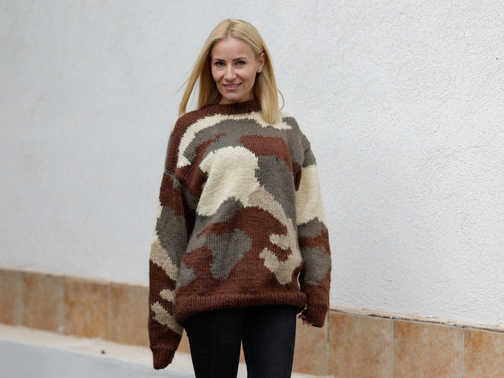 Wool Sweater Camouflage Pattern, Hand Knitted 100% Wool Pullover T1150