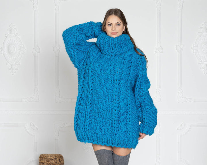 5-Strand Thick Blue Wool Sweater – Huge Chunky Knit Woolen Pullover T627W