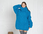 Pull en Laine Épaisse Bleue à 5 Fils – Gros Pull en Laine Tricoté Épais T627W