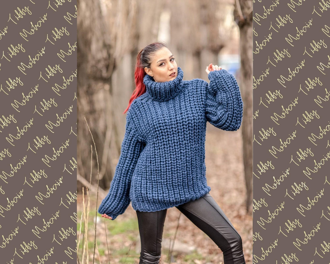 Wool Sweater Blue Turtleneck, Hand Knitted 100% Wool Jumper T426