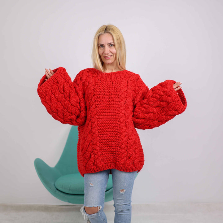 Red Cable Knit Wool Sweater – Hand-Knitted 100% Wool Pullover T1883