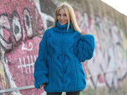 Blauer Wollpullover mit Zopfmuster, handgestrickter Pullover aus 100 % Wolle, klobiger Winterpullover T1084