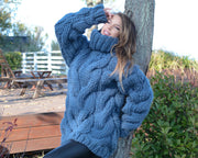 Pull torsadé épais en laine 5 brins – Tricoté main, bleu jean T660W