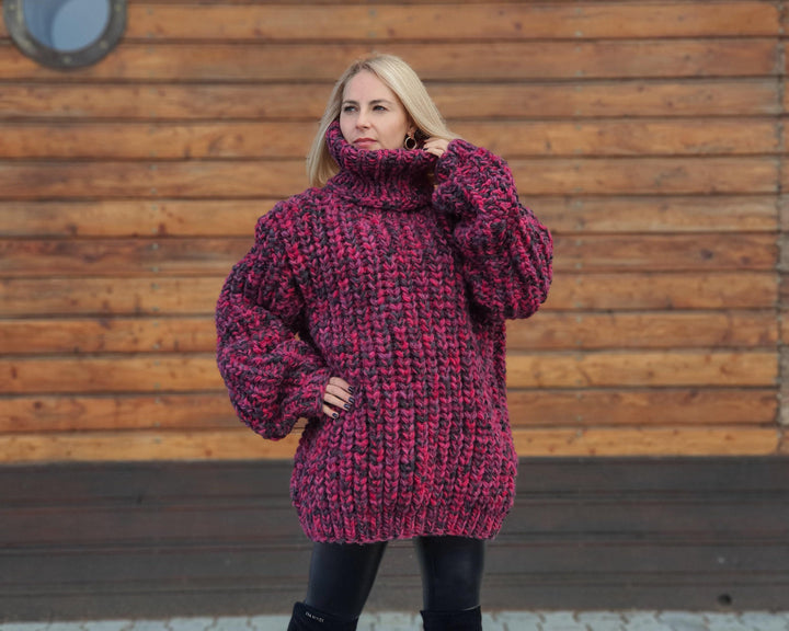 Oversized Wool Sweater – Hand-Knitted English Rib Chunky Jumper T953