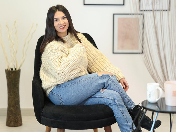 Wool Sweater Cream Fisherman Rib Knit, Hand Knitted Warm Wool Jumper T1165
