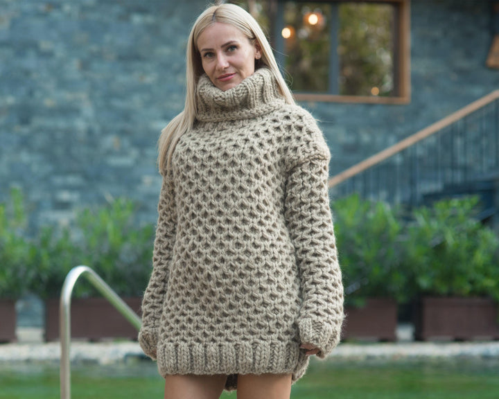 Eco Wool Sweater, Hand Knitted Honeycomb Wool Jumper, Natural Fiber Chunky Pullover T811