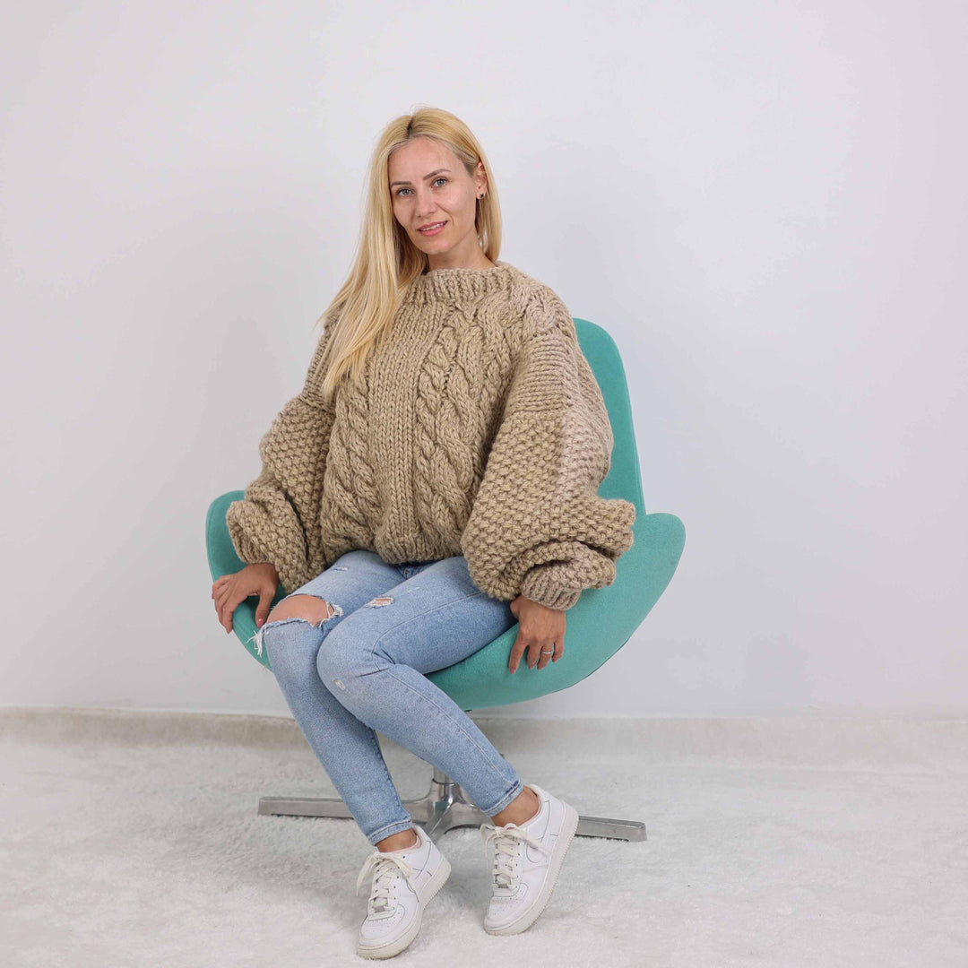 Short Wool Sweater with Oversized Sleeves, Hand Knitted Cables Pullover T1881