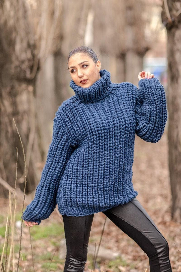 Wool Sweater Blue Turtleneck, Hand Knitted 100% Wool Jumper T426