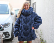 Blauer grober Wollpullover, 10-fädig – Handgestrickt mit extralangem 60 cm Rollkragen 1479