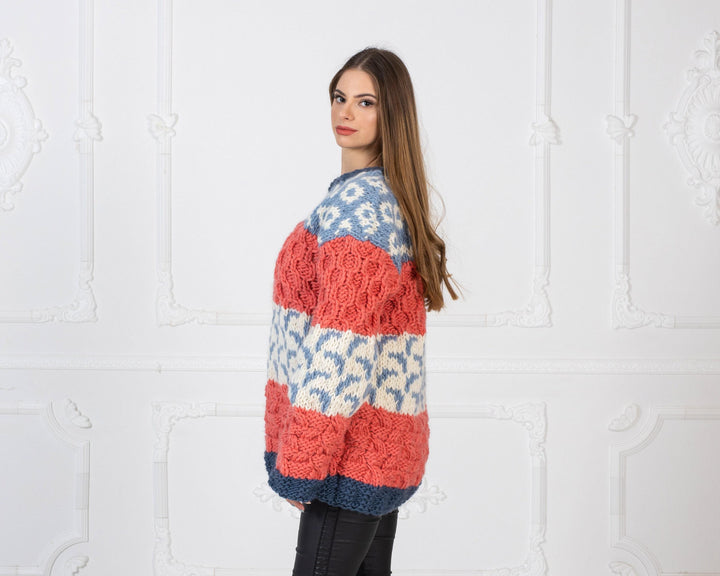 Colorful Wool Sweater, Hand Knitted 100% Wool Jumper, Chunky Multicolor Pullover T969