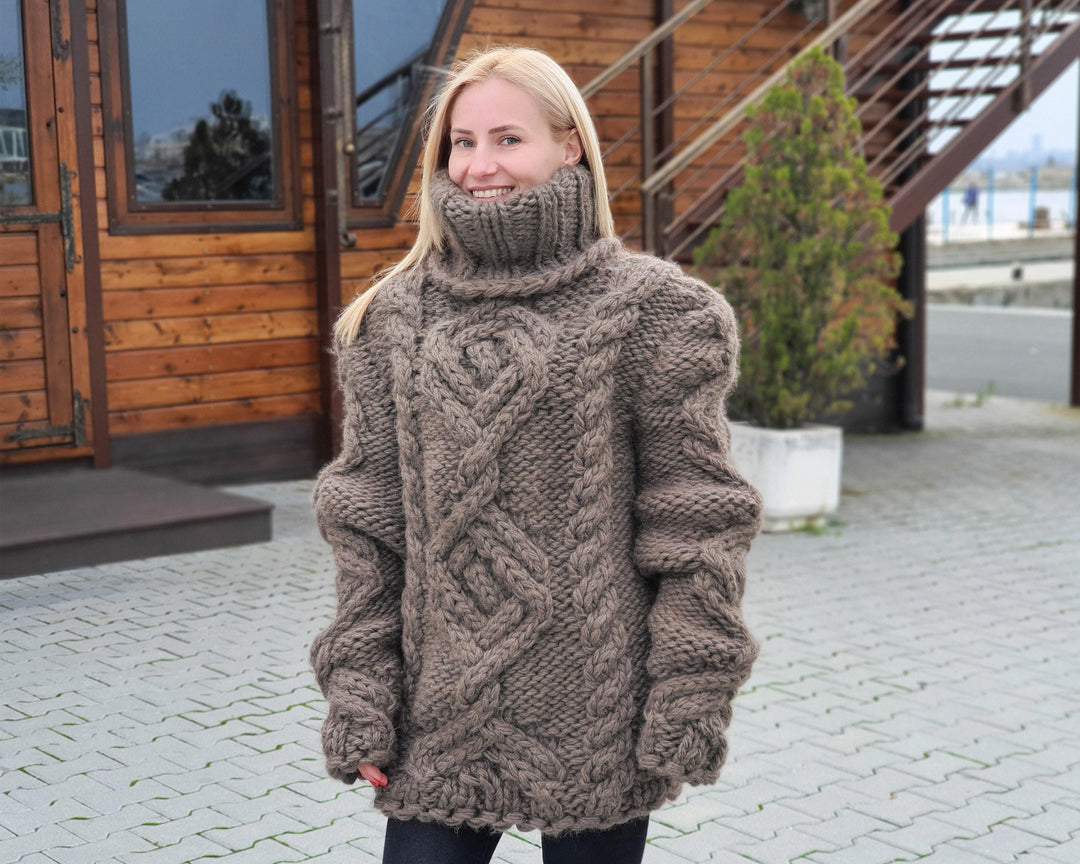 Wool Cable Knit Sweater – Hand-Knitted Chunky Warm Pullover T924