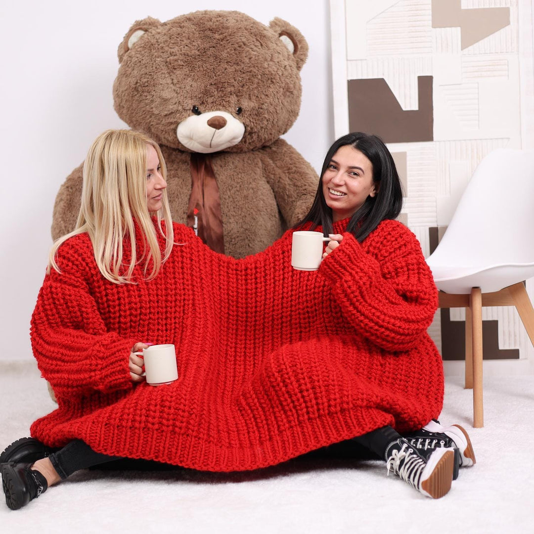 Chunky Wool Couples Sweater – Oversized Hand-Knitted Double-Neck Red Pullover for Two T1845