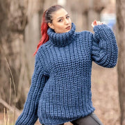 Wollpullover Blau Rollkragen, Handgestrickt 100% Wolle Pullover T426