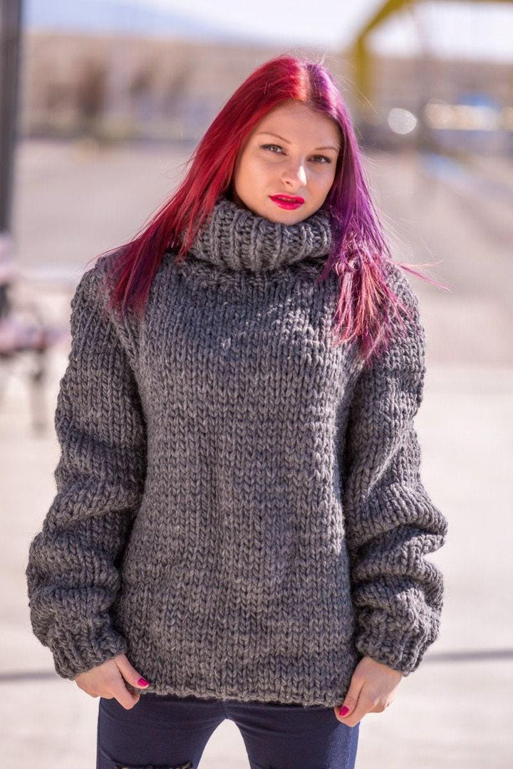 Wool Sweater Soft 100% Wool Turtleneck, Hand Knitted Chunky Pullover T509