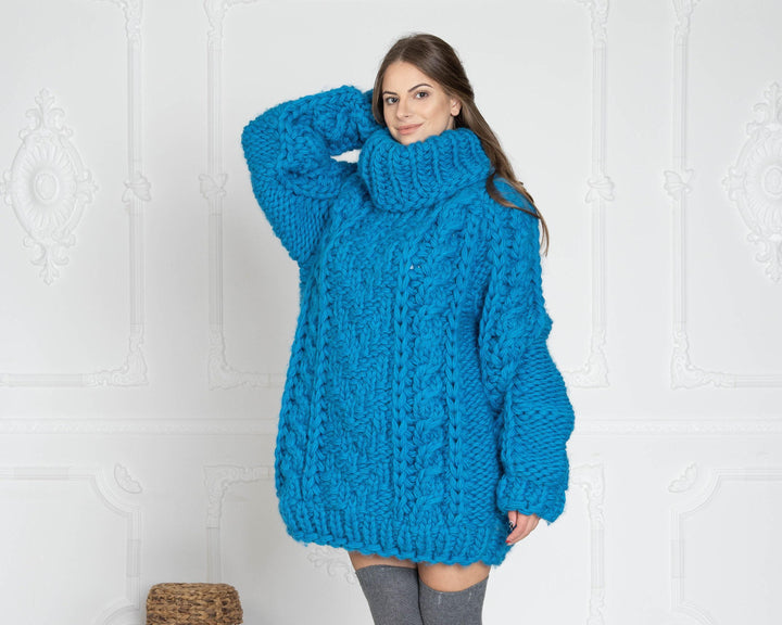 5-Strand Thick Blue Wool Sweater – Huge Chunky Knit Woolen Pullover T627W