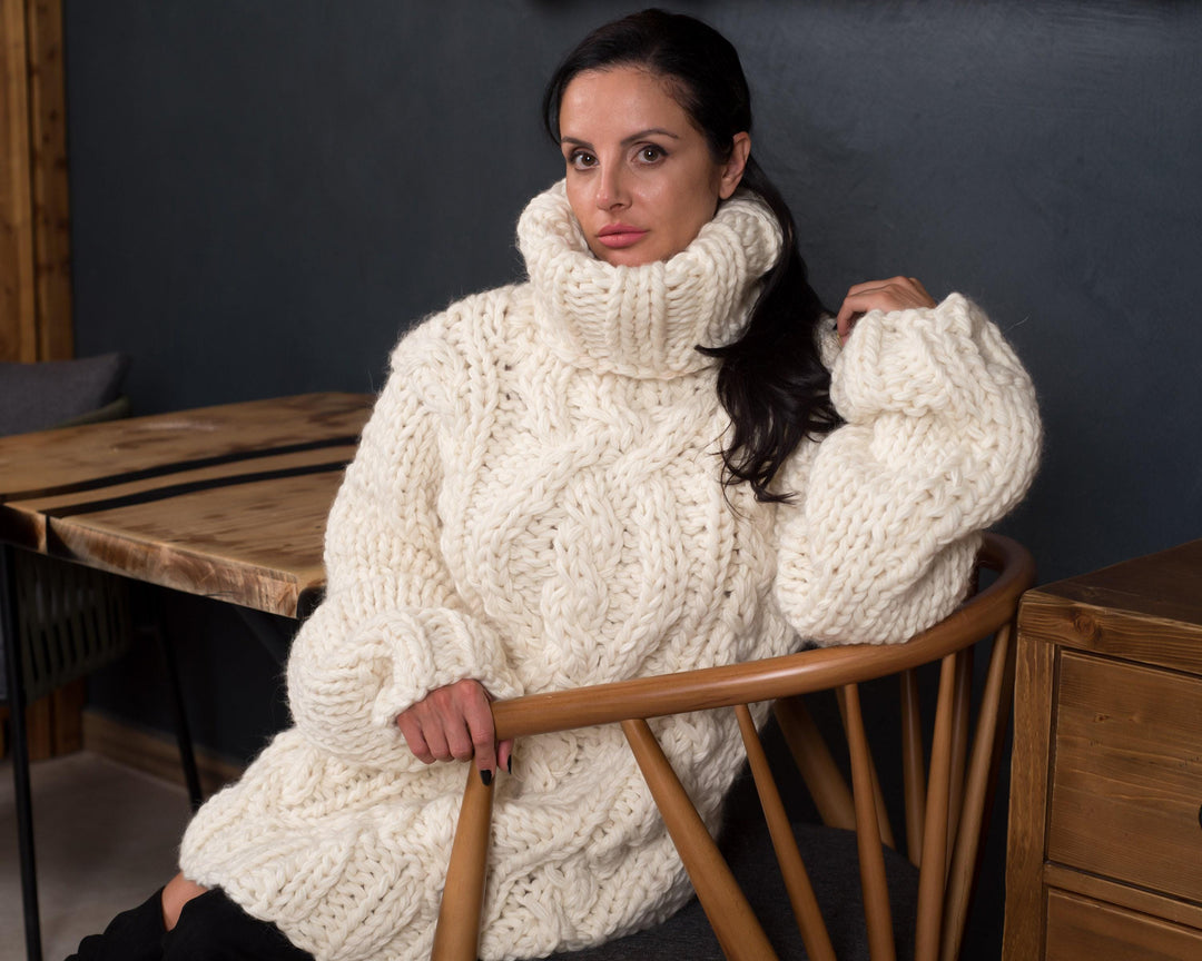 Wool Cable Knit Sweater – Hand-Knitted Chunky Warm Pullover T892W