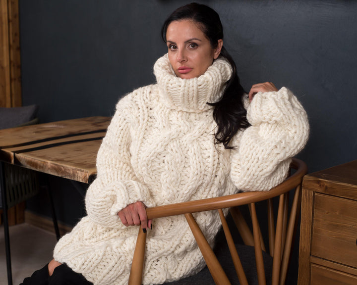 Wool Cable Knit Sweater – Hand-Knitted Chunky Warm Pullover T892W