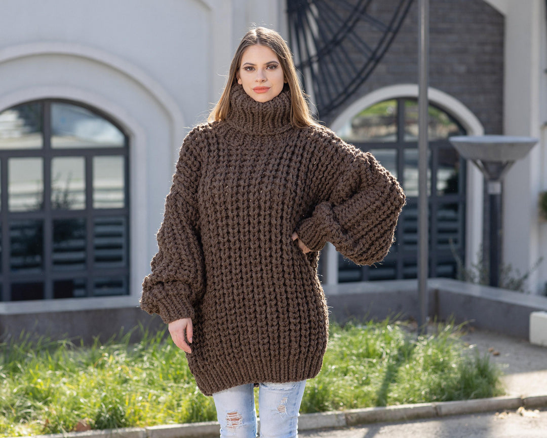 5-Strand Brown Itchy Wool Sweater – Chunky English Rib Knit Winter Jumper T1029